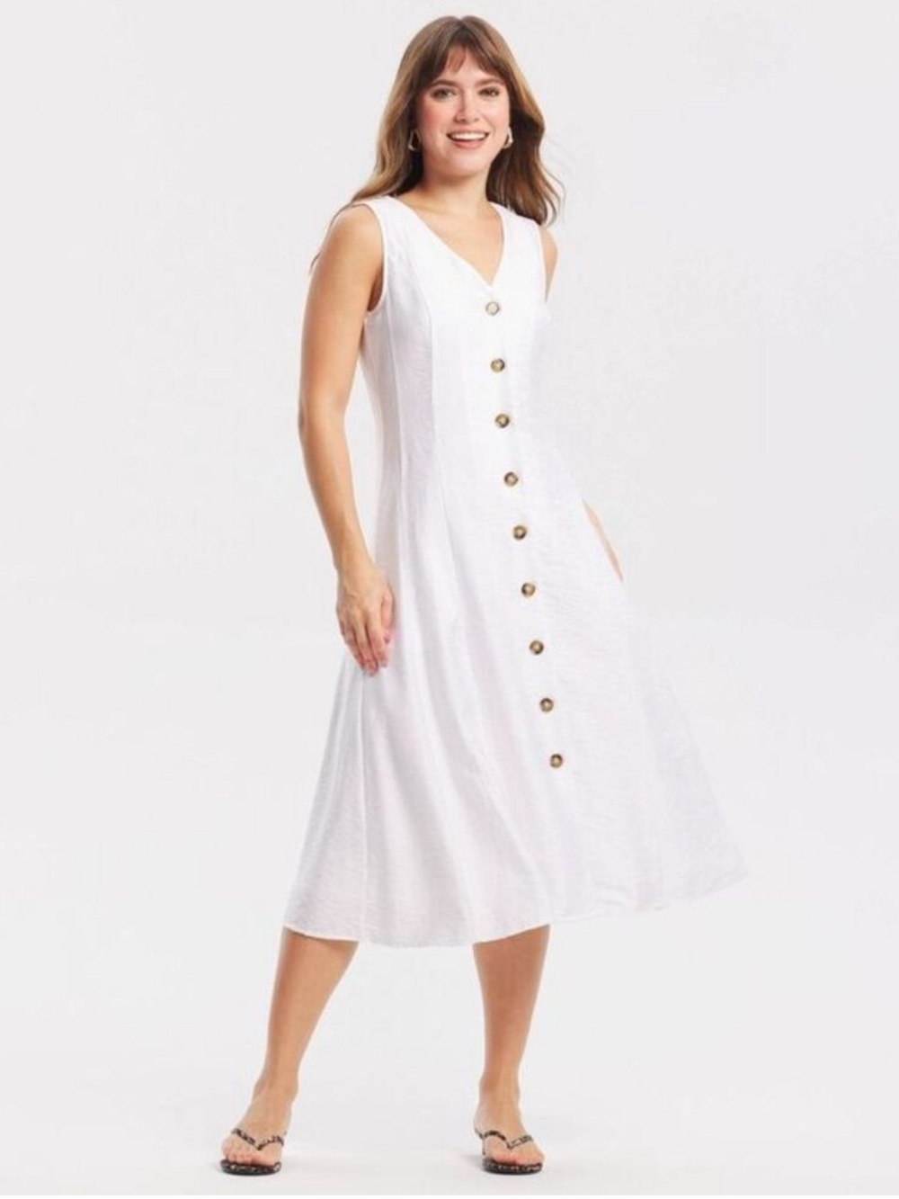 Women'S Button-Front Midi Dress - White M